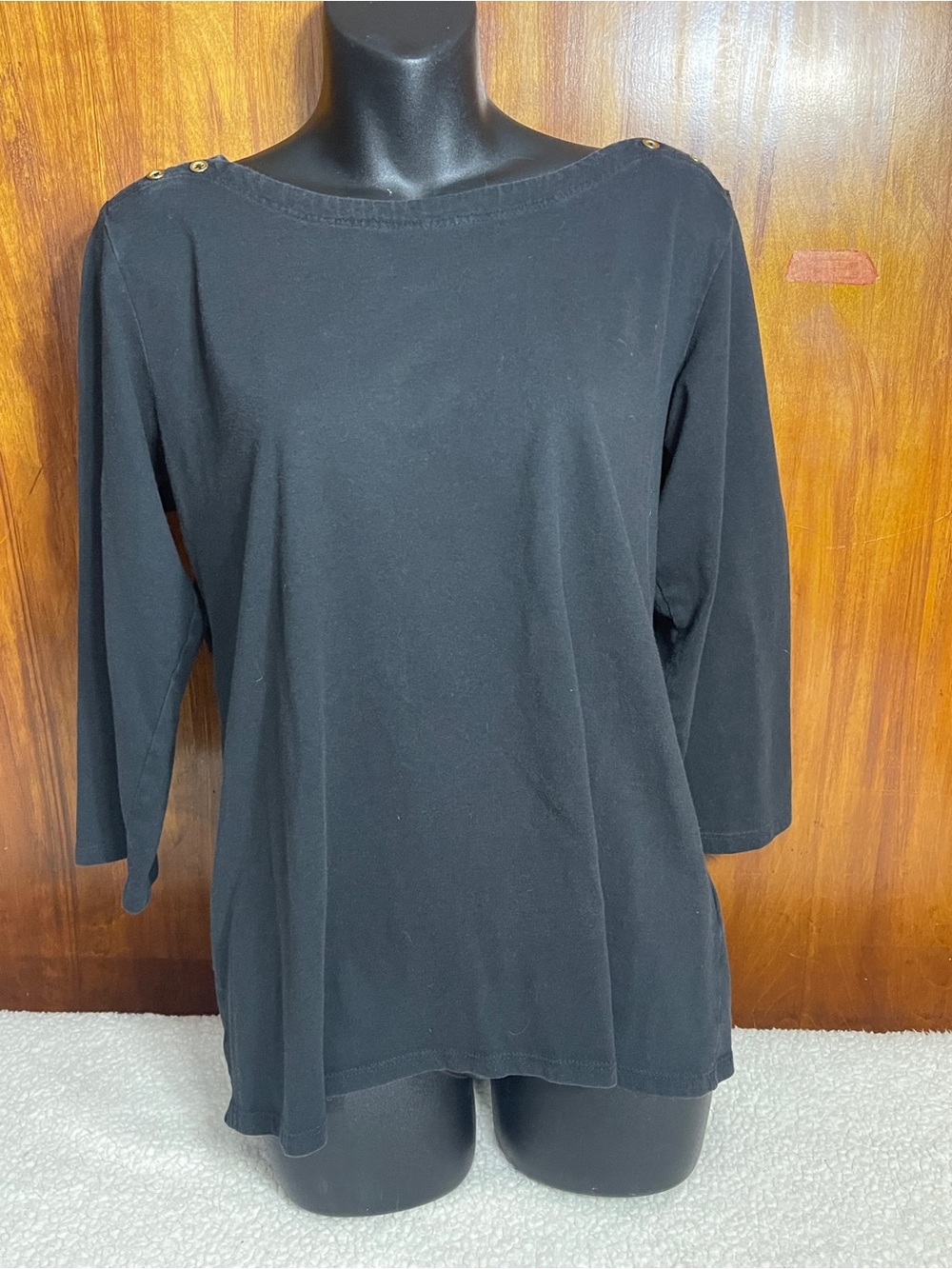 Riders by Lee Black Boatneck 3/4 Sleeve Top with Shoulder Buttons